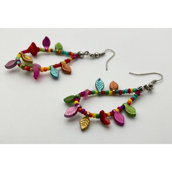 Colorful Beaded Leaf Earrings Teardrop Dangle Boho Jewelry - Picture 2 of 6